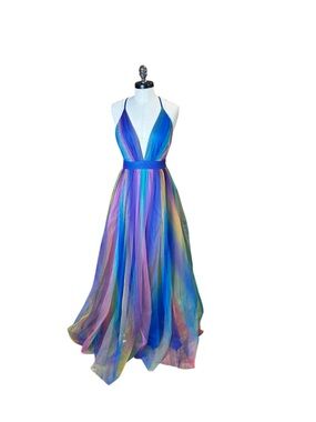 Luxxel Maxi Rainbow Plunge Formal Dress Size Medium NWT